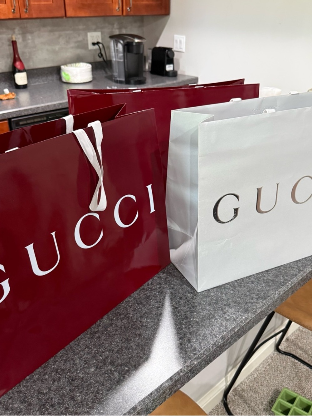 Gucci Glossy Burgundy and White Shopping Bags